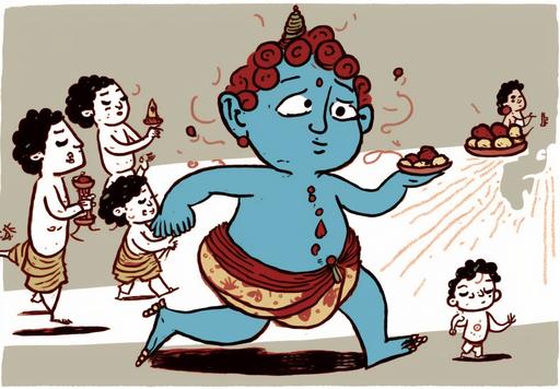 Krishna his friends, children, and devotees, in the style of animated gifs, plush doll art, light blue and maroon, melting pots, #screenshotsaturday, naïve drawing, grit and grain --ar 31:22