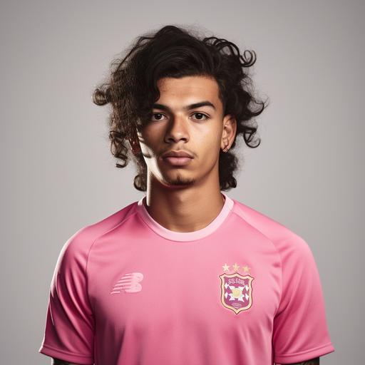 Professional photography ultra realistic photo of a Brazilian 20 year old footballer with dark hair wearing a official Red Bull Pink football shirt. Taken by a Canon top of the range camera 8k award winning photography. With a light grey background. Head, hair and shoulders in the shot. --v 5