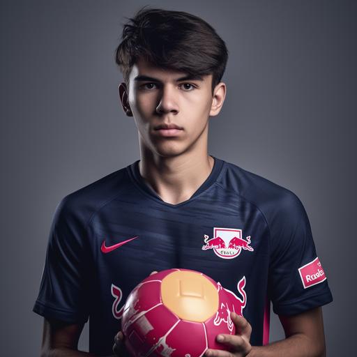 Professional photography ultra realistic photo of a Brazilian 20 year old footballer with dark hair wearing a official Red Bull Pink football shirt. Taken by a Canon top of the range camera 8k award winning photography. With a light grey background. Head, hair and shoulders in the shot. --v 5
