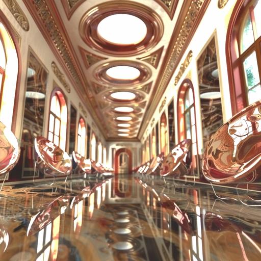 Kubrick film, library full of secret passageways, anxiety, futuristic, Klimt motifs in seating arrangements, vaulted ceiling, very bold copper and gold and painted brushed aluminum wall decor, Dracula banana donkey, Magus tilt-shift hyperbolic funhouse, 8K --weird 180 --v 6.0