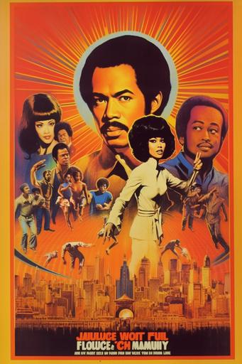 Kung Fu Disco, movie poster, album cover, super funky soundtrack by Curtis Mayfield, in the style of Hong Kong martial arts and blaxploitation cinema, Shaw Brothers, black power, starring Jim Kelly and Bruce Lee, circa 1976 --chaos 15 --q 2 --v 5.1 --s 250 --no text letters words --ar 2:3 --q 2 --v 5.1 --s 250