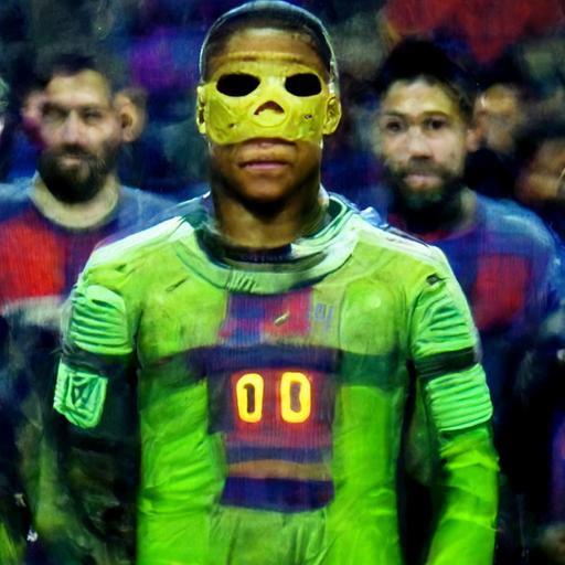 Kylian Mbappe wearing a Teenage Mutant Ninja Turtles mask with Messi standing in front of him, inside a soccer field 4k
