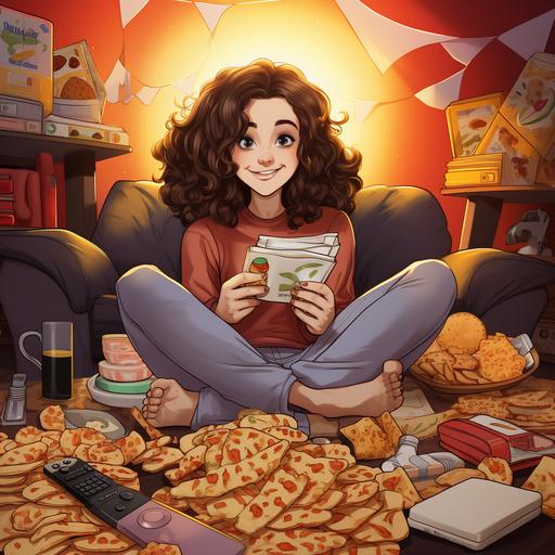 a cartoon of a young woman in sweats happily laying on her couch surrounded by potato chip bags and pizza boxes with a remote in her hand watching tv
