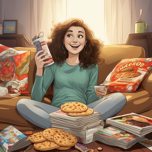 a cartoon of a young woman in sweats happily laying on her couch watching tv with pizza boxes and potato chip bags piled on top of the coffee table