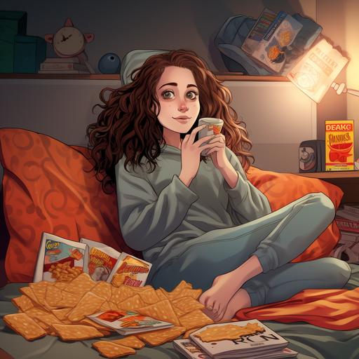 a cartoon of a young woman in sweats happily laying on her couch surrounded by potato chip bags and pizza boxes with a remote in her hand watching tv