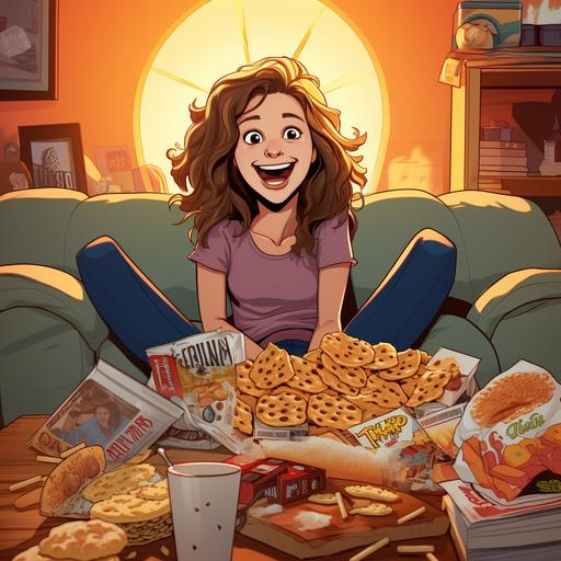 a cartoon of a young woman in sweats happily laying on her couch watching tv with pizza boxes and potato chip bags piled on top of the coffee table