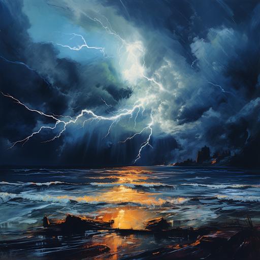 an abstract painting of a lightening storm over the ocean