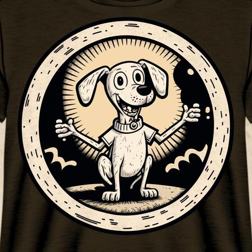 LA Apparel mockup t-shirt design of a cartoon dog with bone icon logo traced black and white, inside of a circle, outlined.