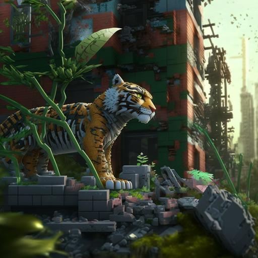 LEGO bricks, close up, a LEGO tiger/eagle figurine sitting in the wreakage, glowing apocalyptic radioactive, LEGO epic post apocalyptic world , decaying buildings and greenery growing over everything, plants are retaking the world LEGO playset --q 2 --v 4