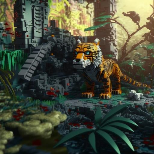 LEGO bricks, close up, a LEGO tiger/eagle figurine sitting in the wreckage, glowing apocalyptic radioactive, LEGO epic post apocalyptic world , decaying buildings and greenery growing over everything, plants are retaking the world LEGO playset --q 2 --v 4