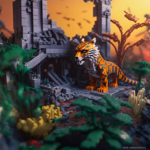 LEGO bricks, close up, a LEGO tiger/eagle figurine sitting in the wreakage, glowing apocalyptic radioactive, LEGO epic post apocalyptic world , decaying buildings and greenery growing over everything, plants are retaking the world LEGO playset --q 2 --v 4