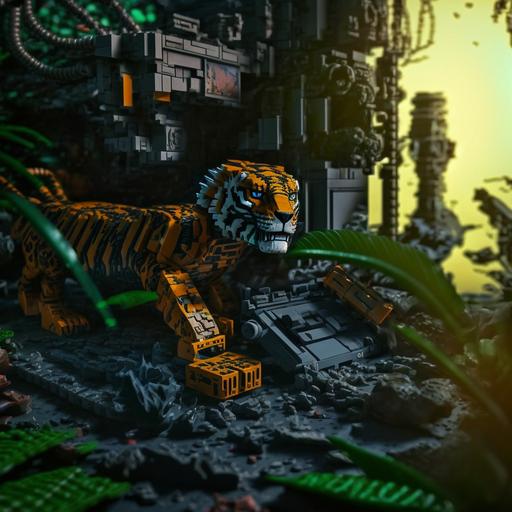 LEGO bricks, close up, a LEGO tiger/eagle figurine sitting in the wreckage, glowing apocalyptic radioactive, LEGO epic post apocalyptic world , decaying buildings and greenery growing over everything, plants are retaking the world LEGO playset --q 2 --v 4