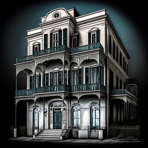 LaLaurie Mansion, grand, three-story, white stucco, black shutters, gothic, imposing, ornate details, iron railings, balconies, molding, trim work, lush gardens, wealth, status, massive, ornate door, brass fixtures, thick lock, ghosts, unease, horrors