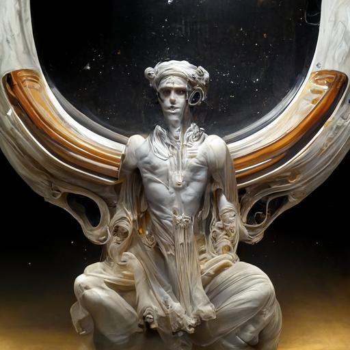 marble greek god hermes statue inside a spaceship, futuristic and realistic style, baroque style, space theme