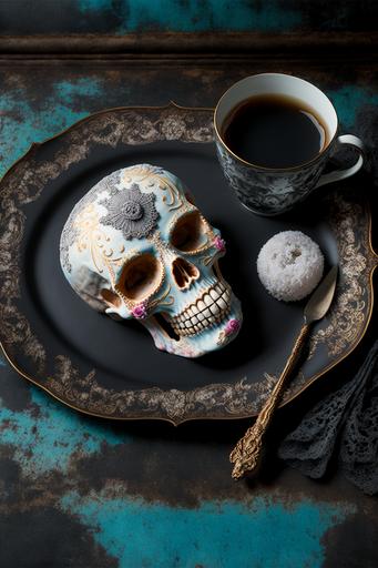 Lacy decorated platter with a large skull shaped beignet style donut covered in powdered sugar, gothic inspired delicate tea set, memento mori styled dramatic food photography --ar 2:3 --v 4