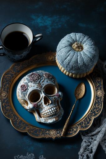 Lacy decorated platter with a large skull shaped beignet style donut covered in powdered sugar, gothic inspired delicate tea set, memento mori styled dramatic food photography --ar 2:3 --v 4