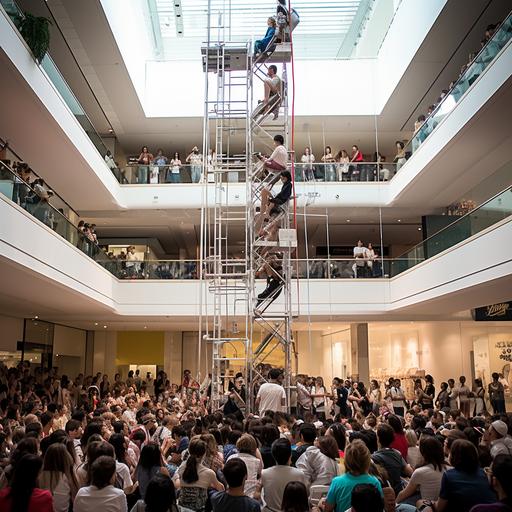 Ladder with a rectangular semi-enclosed chair attached to the top, open-air outdoor public space environment in a modern urban shopping mall, crowds of people walking in a shopping mall looking at people sitting on a ladder high above them, people climbing up a ladder, public experimental performance art scene, mysterious installation art, heterotopia, contrasts, real photographic scenes, realistic and rich in detail