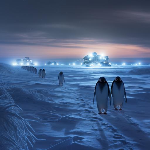 Lake Michigan frozen lake, night time dunes covered in snow, with large robotic penguins, walking towards the camera, with laser beam eyes blasting the surroundings --v 5.2