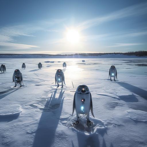 Lake Michigan frozen lake, with large robotic penguins, walking towards the camera, with laser beam eyes blasting the surroundings --v 5.2