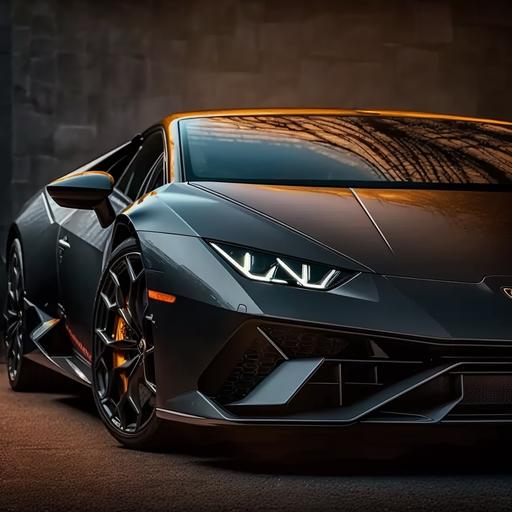 Lamborghini Huracan EVO, A close-up shot of the car's sleek exterior design, with emphasis on the sharp edges of the front hood and the angular lines of the rear fender. The wheels are glossy black and have a deep dish design that creates a dramatic effect. The headlights are on, casting a bright and intense glare. The car is parked in a dark garage with minimal lighting, enhancing the overall dramatic feel of the image. /--ar 4:5 --v 4