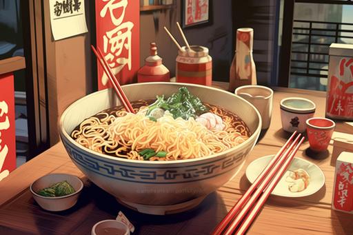Lamian Noodles, cartoon style, chopsticks, big bowl noodles, front view, shops --ar 3:2