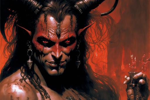 tiefling, dark red skin, demoniac, metal horns, muscular, red eye, devil tattoo, hell background, evil smile, dynamic musical action pose, cheery hell bar room background, detailed setting, high resolution, realistic face and eyes, boris vallejo, Luis Royo, gerald brom --ar 3:2 --v 4