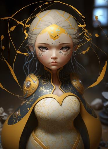 Kintsugi ultrarealistic of lovely chibi size of ceramic clay Ball-jointed Doll design, goddess cartoon design, close up detailed, CG, Concept Art --aspect 5:7