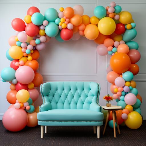 Large balloon garland. Round circle balloons. Colors: Rose, Coral, Orange, Goldenrod, Robin’s Egg Blue, Light Lime Green with a chair in the middle