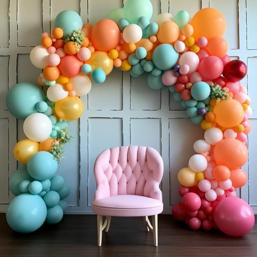 Large balloon garland. Round circle balloons. Colors: Rose, Coral, Orange, Goldenrod, Robin’s Egg Blue, Light Lime Green with a chair in the middle