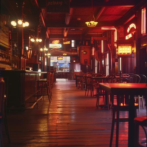 Large bar and grill, lots of tables and chairs, dimly lit space, neon lights from old beer advertisements cast a soft glow, rustic charm, worn-out wooden floorboards --v 6.0