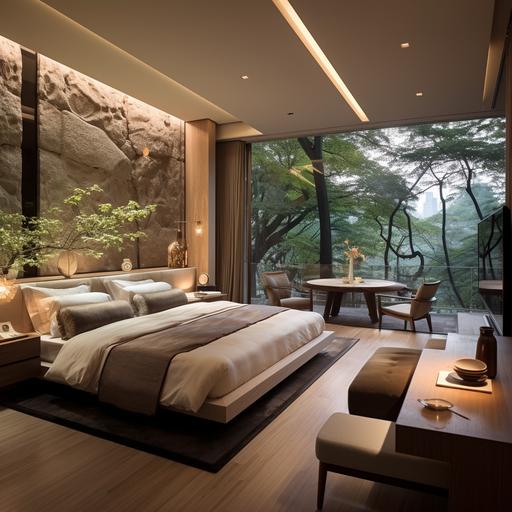 Large bedroom, side glass door overlooking Japanese garden, natural stone wall headboard with reflector, high concrete ceiling, wooden floor, open space, wall lights mounted on both sides of the bed, opposite wall Natural stone cladding, luxury TV cabinet, warm luxury space, modern Japanese style, light colors, luxurious glass cabinet, relaxing armchair, slanted concrete roof