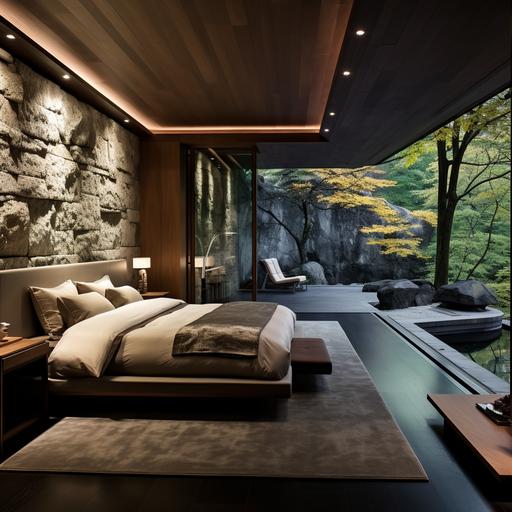 Large bedroom, side glass door overlooking Japanese garden, natural stone wall headboard with reflector, high concrete ceiling, wooden floor, open space, wall lights mounted on both sides of the bed, opposite wall Natural stone cladding, luxury TV cabinet, warm luxury space, modern Japanese style, light colors, luxurious glass cabinet, relaxing armchair, slanted concrete roof