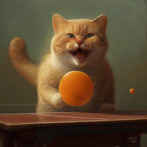 cat playing table tennis, orange ball, smilling