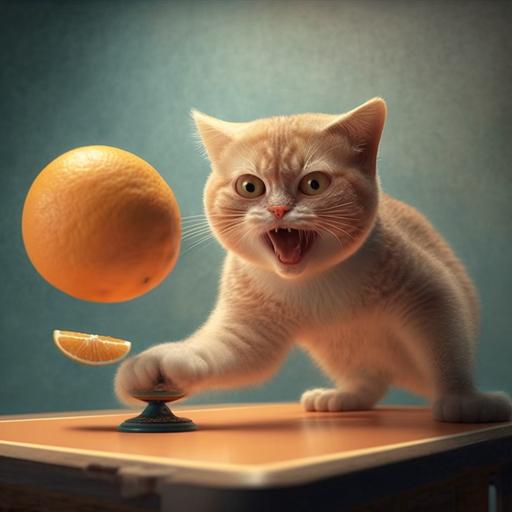 cat playing table tennis, orange ball, smilling