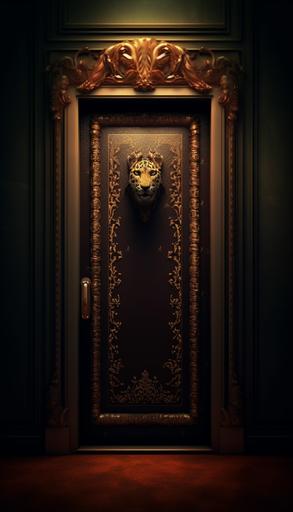 Large door, luxury, poster, leopard leather, leopard pattern door, deep dark background, bright light flows from the door, oil painting, --ar 4:7