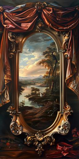 Large mirror, mirror frame, ornate mirror frame, rennaisance painting style --ar 1:2