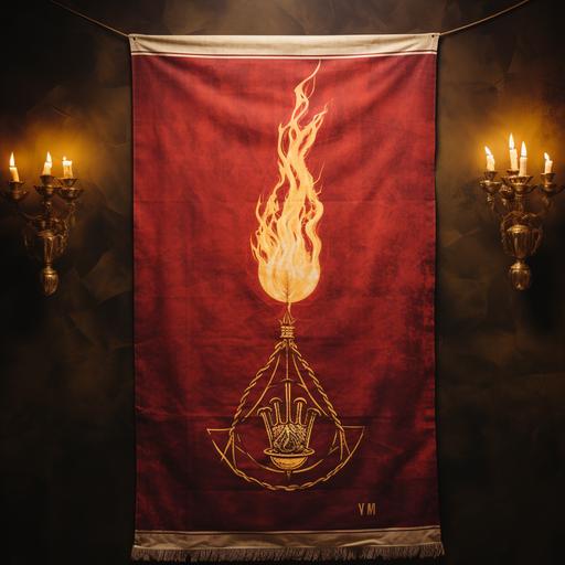 Large red banner with brass trim and a white symbol of a hand holding fire in the middle. Hanging on an interear castle wall. Photo real, High detail.