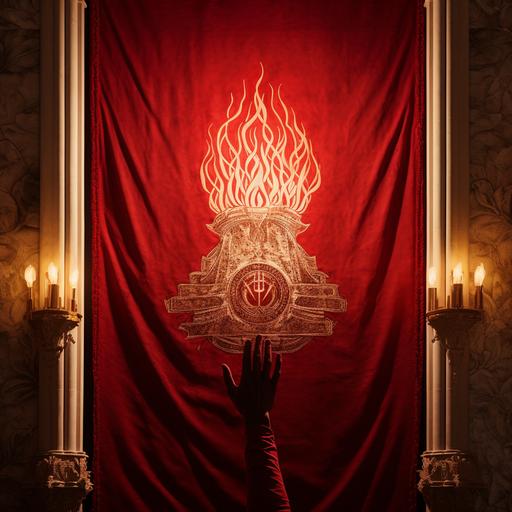 Large red banner with brass trim and a white symbol of a hand holding fire in the middle. Hanging on an interear castle wall. Photo real, High detail.