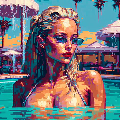 casino, Las Vegas, fancy girl, money, pool party, pixelart, wet, tanning