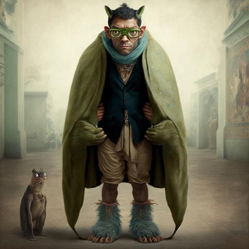 Latin American man, with four eyes, stocky with cat ears, snake tail, frog hands, giant human feet, dressed in a cape.