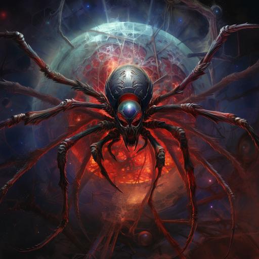 Latrodectus galaxy, star-threaded webs, venomous nebula, cybernetic spider queen, astronaut enigma, silk-woven spacesuit, glowing predator eyes, intergalactic ambush, black hole web spinner, eerie cosmic vibrations.