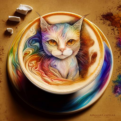 Latte art macabra drawn with watercolored pencil, Rainbowcore, a little alcohol ink, Moebius, high resolution, 8k