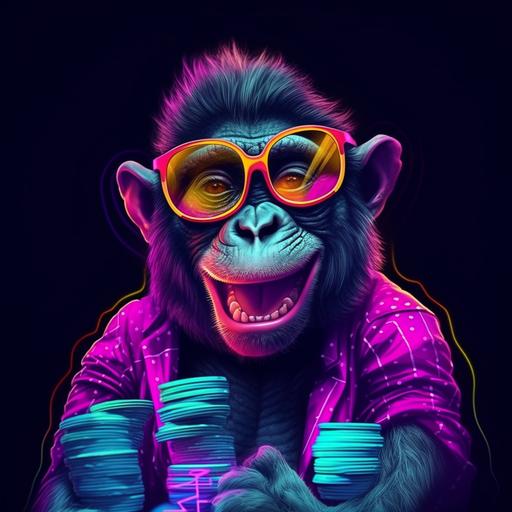 Laughing monkey with colorful sunglasses like playing poker playing cards. Neon color bar-like background. 8K.