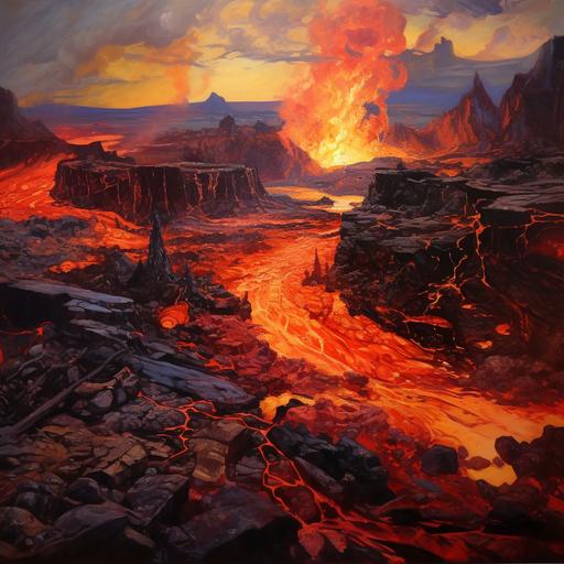 Lava scene, different shades of red and gold, vibrant, oil painting