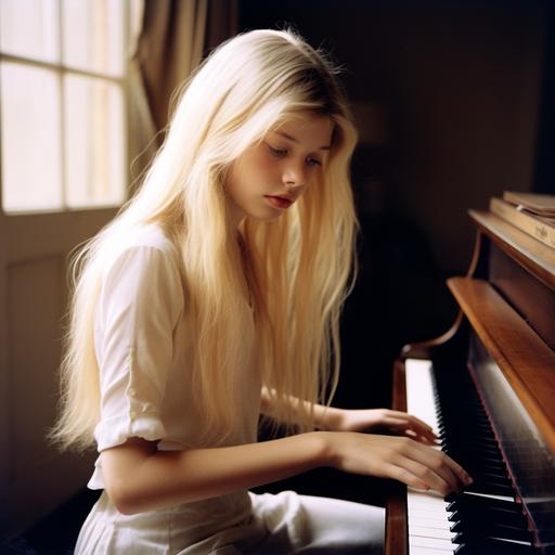 Léa, pretty blond teen teaching piano, long skirt, blond hairs, hyper realistic, Fuji film color
