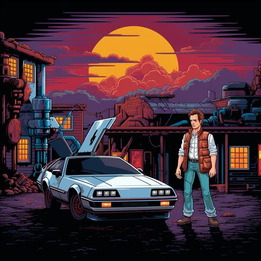 back to the future scene, Marty Macfly with doctor, pixel art, 16 bit