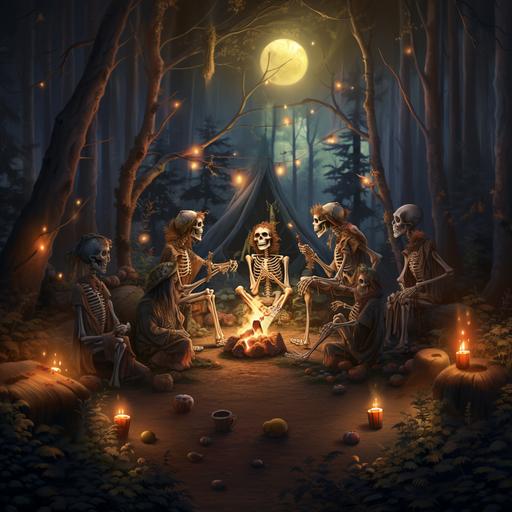 funny hippie skeletons laughing sitting firecamp, trees, magic