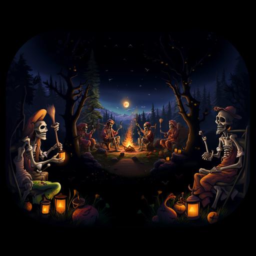 funny hippie skeletons laughing sitting firecamp, trees, magic