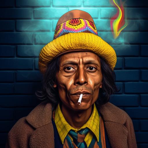 make super realistic portrait from this picture, male character, man with sideburns and cigarette in his mouth, with exotropia, traditional peruvian colorful pastoral hat, dark blue brick wall behind, yellow light shines from above, in front of camera  --v 5