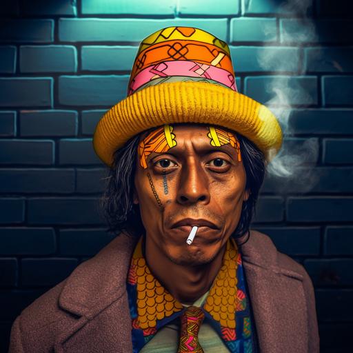 make super realistic portrait from this picture, male character, man with sideburns and cigarette in his mouth, with exotropia, traditional peruvian colorful pastoral hat, dark blue brick wall behind, yellow light shines from above, in front of camera  --v 5